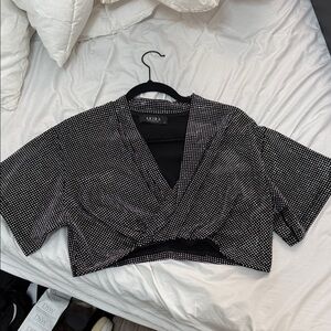 AKIRA Black Cropped Wrap Top with Silver Dot Embellishment